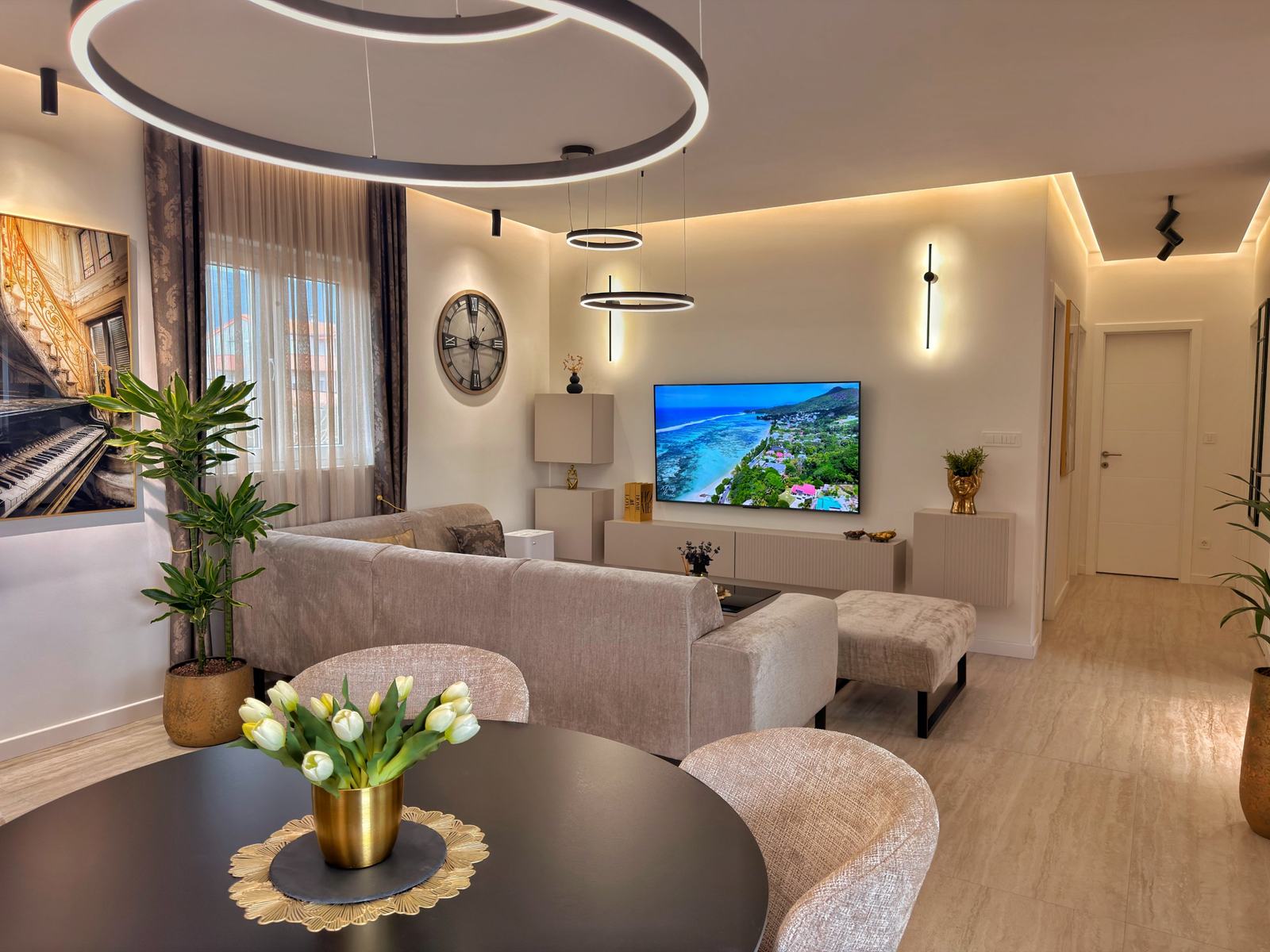 Open-plan living room with dining table